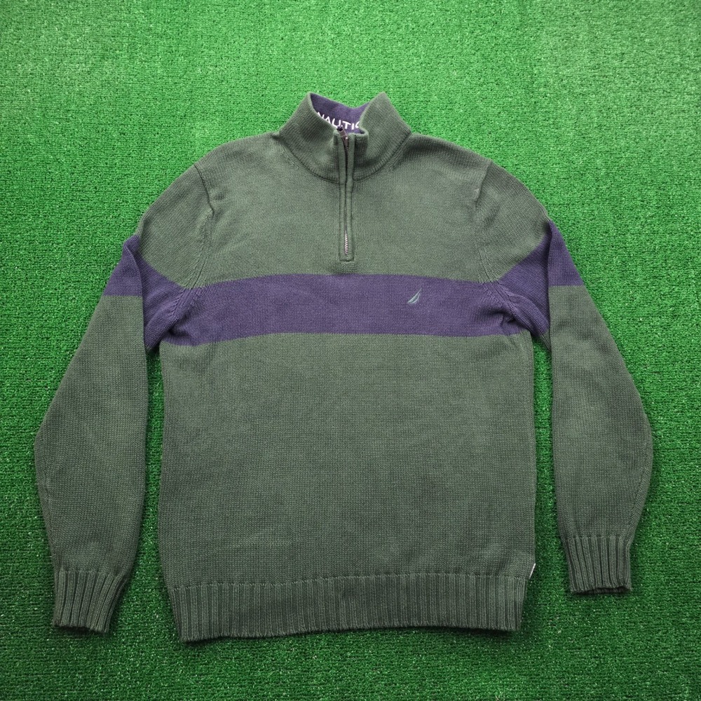 Nautica Sweater Mens Large Green Blue 1/4 Zip Pullover Preppy Casual